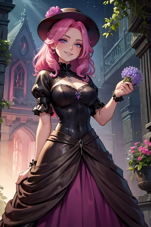 Perfect face. Perfect hands. A pink haired woman with violet eyes an hourglass figure in a leather ball gown is picking flowers while smiling in a Gothic garden at night