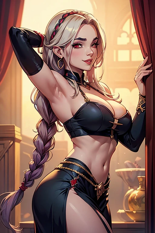 Very very sexy dragon priestess, pervert, very cute smiling vampire, huge anime eyes, revealing outfit, high slit skirt, Crop top, lush, Slim shape, Big breasts, round ass, thin waist, small mouth, very thick lips, Almond-shaped eyes, Braided hair, Magnificent and luxurious body, Beautiful and very symmetrical face., Very detailed and complex environment, Very detailed and indecent clothing, anime realism, glamor portrait, split, seducing the viewer