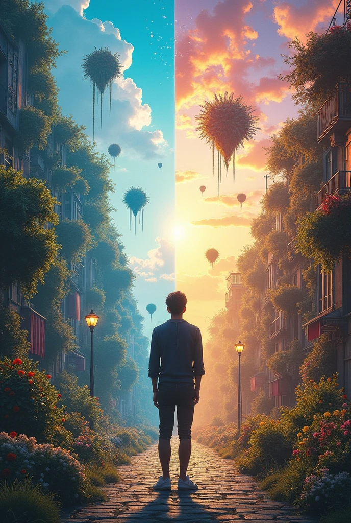 showing a person standing between two different worlds or realities. On the one hand, one could see the world "Normal" On one hand, the everyday world, and on the other, a fantastic or alternative world. The person would be in the middle, with half their body in each reality, symbolizing the process of transition between the two. Vibrant and contrasting colors could be used to differentiate the two realities, and perhaps include surreal or magical elements in the part that represents the alternative reality.
