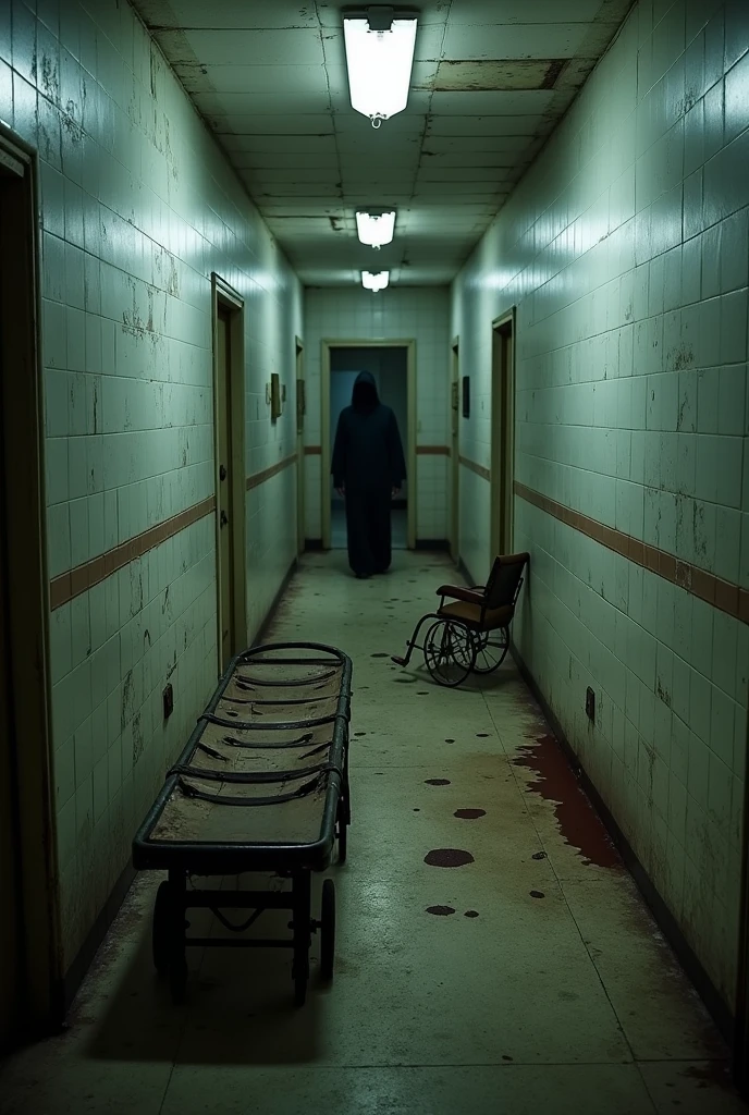A narrow, dimly lit corridor in an abandoned hospital, with dirty, cracked white tiles covering the walls. Fluorescent lights flicker intermittently, casting long, distorted shadows along the floor. At the end of the corridor, there is a rusty stretcher with loose leather straps, that seem to have been abandoned in a hurry. Dark stains of dried blood mark the floor, forming an uneven path that disappears into the darkness. The doors to the rooms along the corridor are ajar, revealing only fragments of disturbing scenes: rusty surgical instruments, rumpled hospital beds and something moving quickly in the shadows. In the middle of the corridor, an old wheelchair, With a crooked wheel, is facing a wall, as if someone were sitting there, staring blankly at nothing. In the mirror at the end of the corridor, there is a shadowy reflection that shouldn't be there, a tall, hooded figure, with no face, watching silently. The air is heavy with the smell of mildew and despair, and the feeling that something terrible is lurking, waiting for whoever dares to approach.