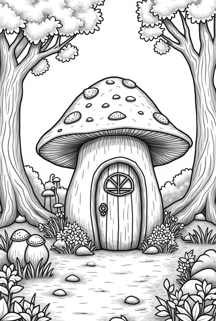 Generate a mushroom House coloring book pages high details no grayscale no color black and white  nature background 