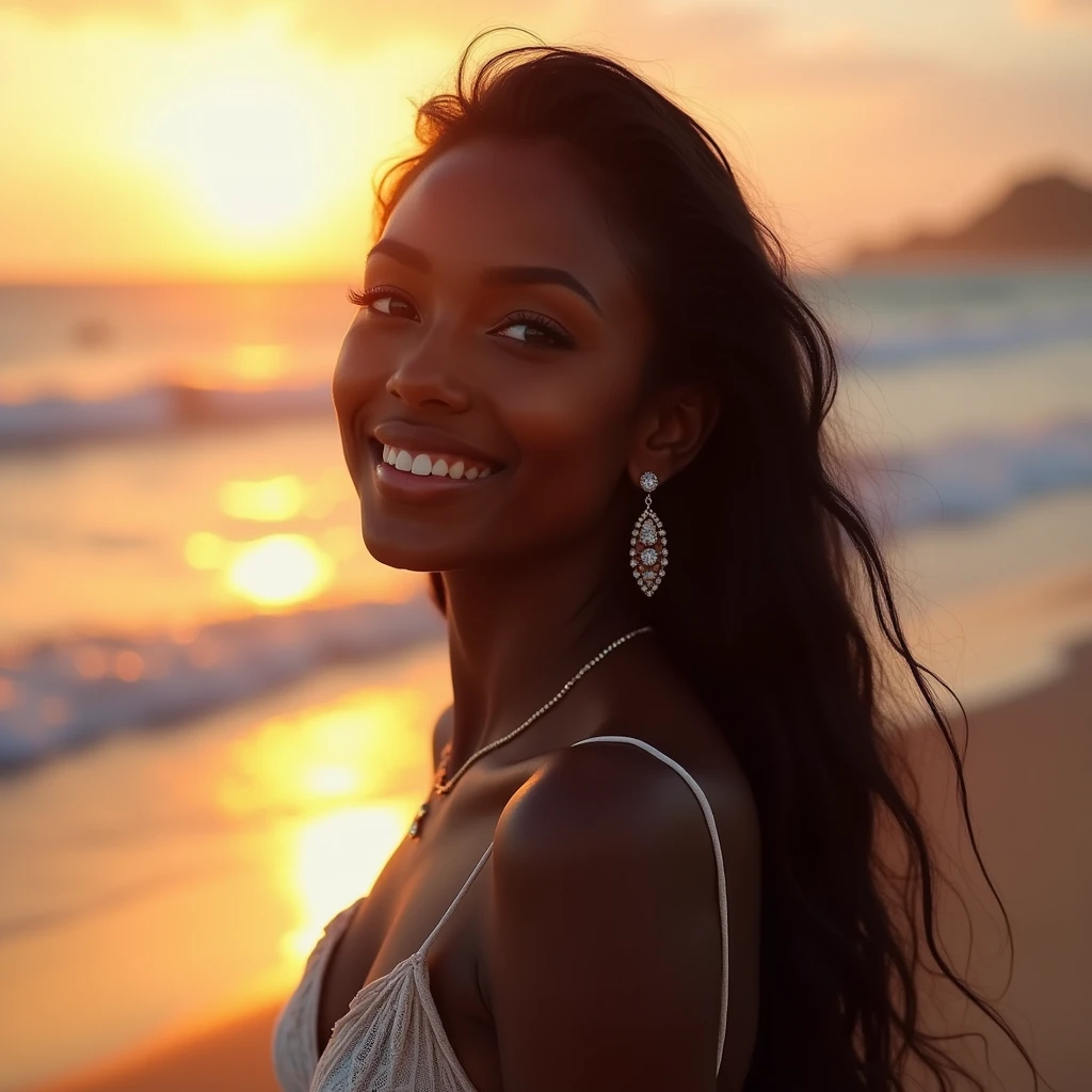 a young black woman with long hair and dark skin, completely naked, looking out to the horizon, backlit at sunset on a beach, beautiful detailed eyes, beautiful detailed lips, extremely detailed face, long eyelashes, looking directly at the viewer, smiling, blushing, blue eyes, very long hair, earrings, (best quality,4k,8k,highres,masterpiece:1.2),ultra-detailed,(realistic,photorealistic,photo-realistic:1.37),HDR,UHD,studio lighting,ultra-fine painting,sharp focus,physically-based rendering,extreme detail description,professional,vivid colors,bokeh,photography,concept artists,warm colors,backlit,parallel shadows macro