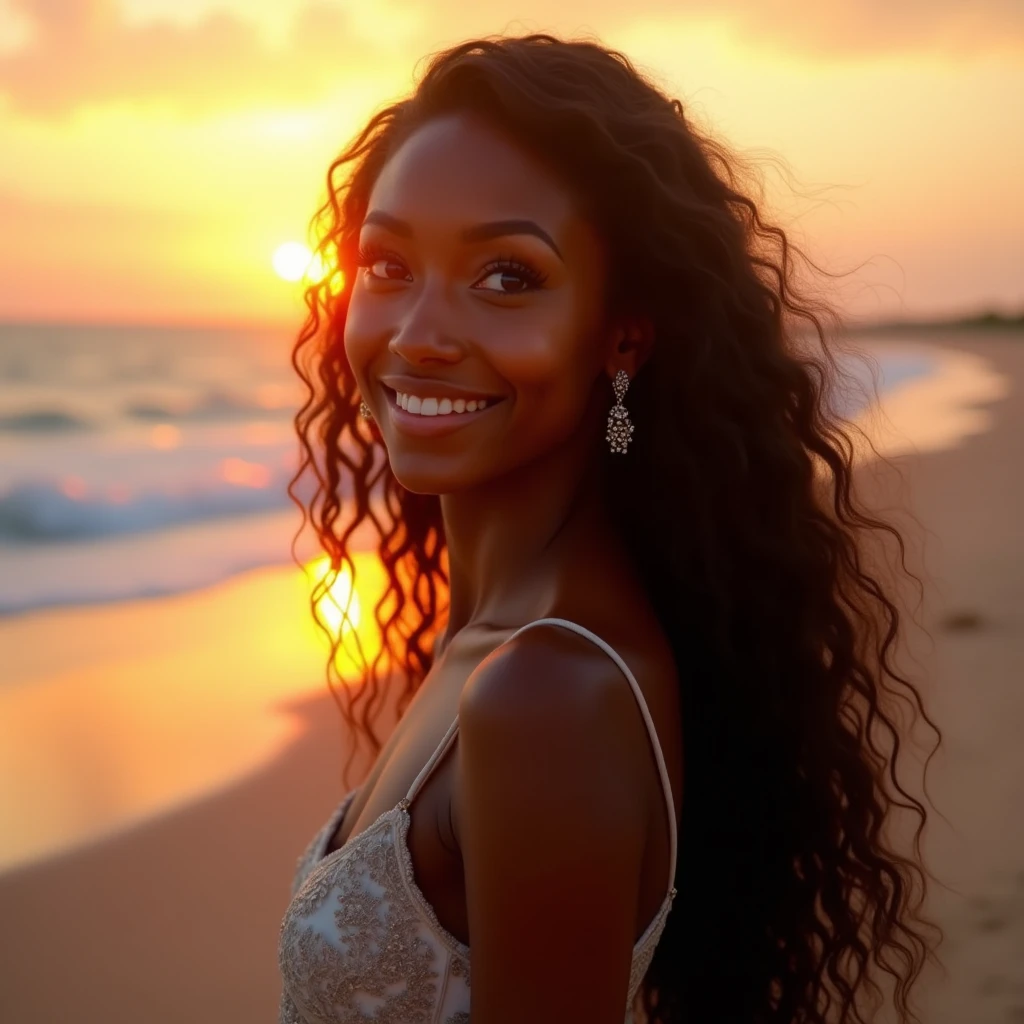 a young black woman with long hair and dark skin, completely naked, looking out to the horizon, backlit at sunset on a beach, beautiful detailed eyes, beautiful detailed lips, extremely detailed face, long eyelashes, looking directly at the viewer, smiling, blushing, blue eyes, very long hair, earrings, (best quality,4k,8k,highres,masterpiece:1.2),ultra-detailed,(realistic,photorealistic,photo-realistic:1.37),HDR,UHD,studio lighting,ultra-fine painting,sharp focus,physically-based rendering,extreme detail description,professional,vivid colors,bokeh,photography,concept artists,warm colors,backlit,parallel shadows macro