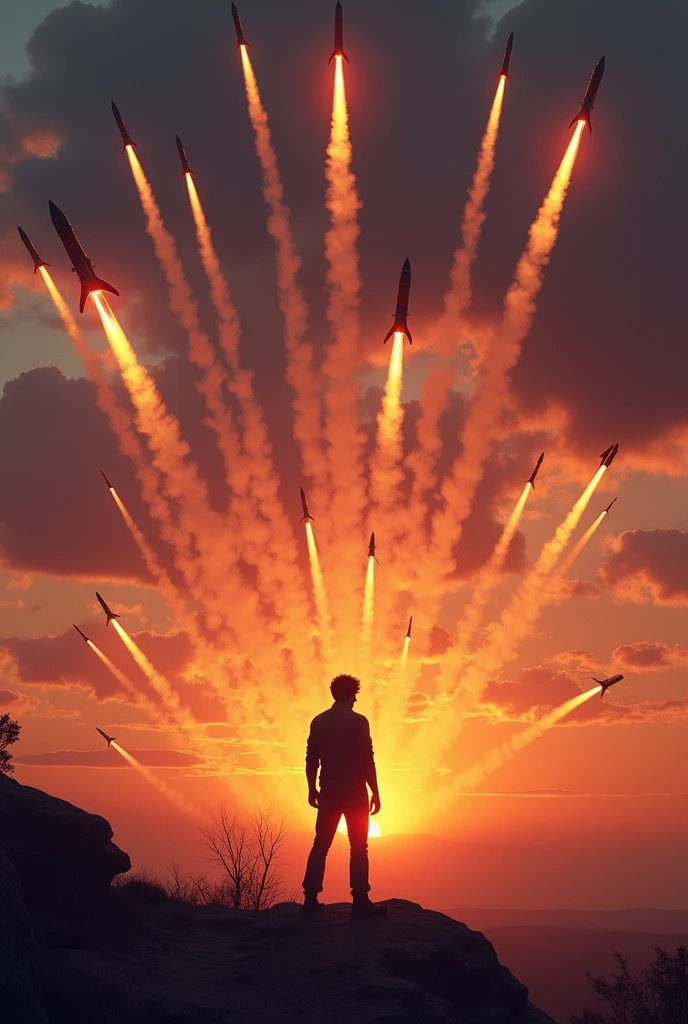Thousands of missles covering the sunset sky aiming on the ground