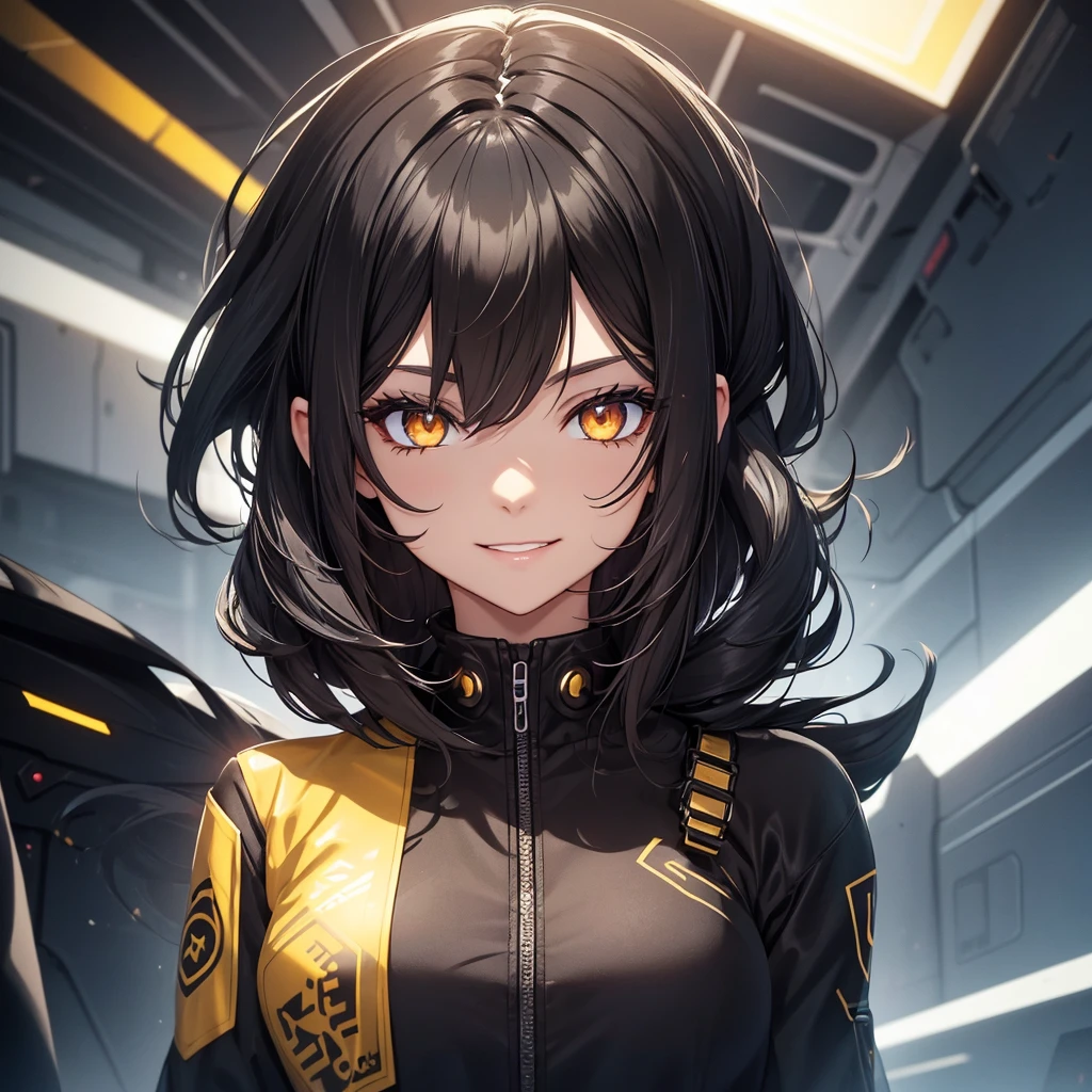 Just make a girl with golden eyes and completely black clothing., futuristic and social. Your hair is short, black with white streaks on the inside. she has a beautiful smile on her face