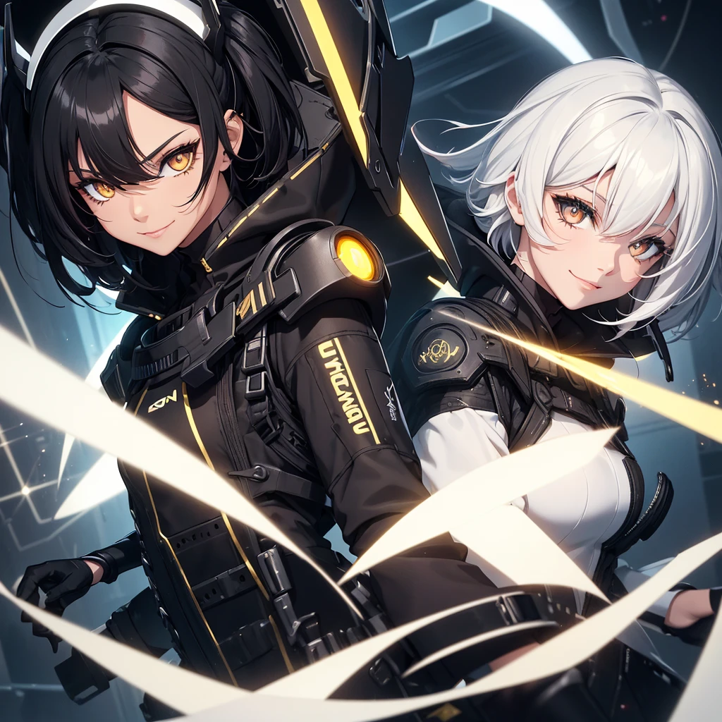 Just make a girl with golden eyes and completely black clothing., futuristic and social. Your hair is short, black with white streaks on the inside. she has a beautiful smile on her face