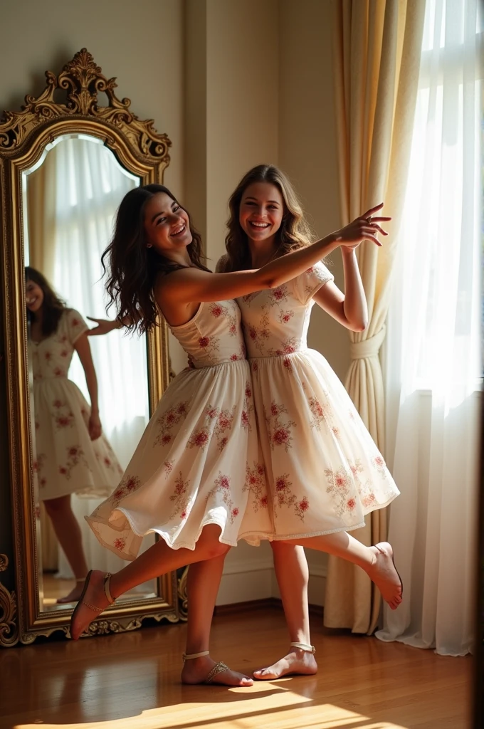 Deux copines qui se prennent en photo devant le mirroir elles sont habillé en robe