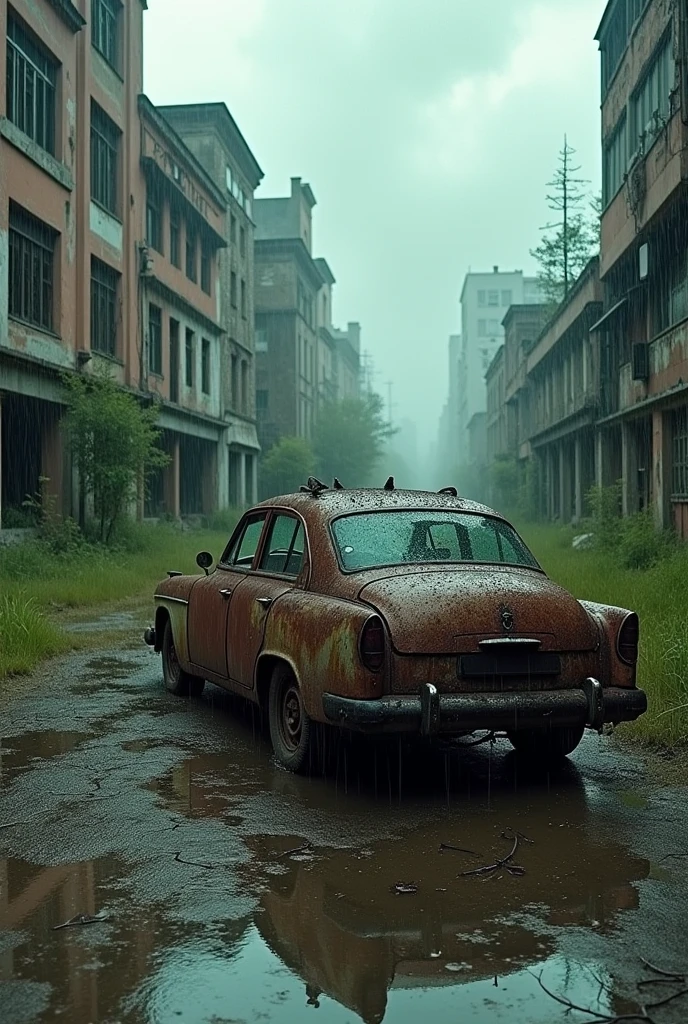 photo of a rusty old car with side angle in heavy rain, post-apocalyptic city street scene, tree grow everywhere, dilapidated buildings, cracked pavement, overgrown tall grass, cloudy dramatic sky, greeny, water reflection the car, reflection photography, cinematic lighting, cinematic composition, highly detailed, photorealistic