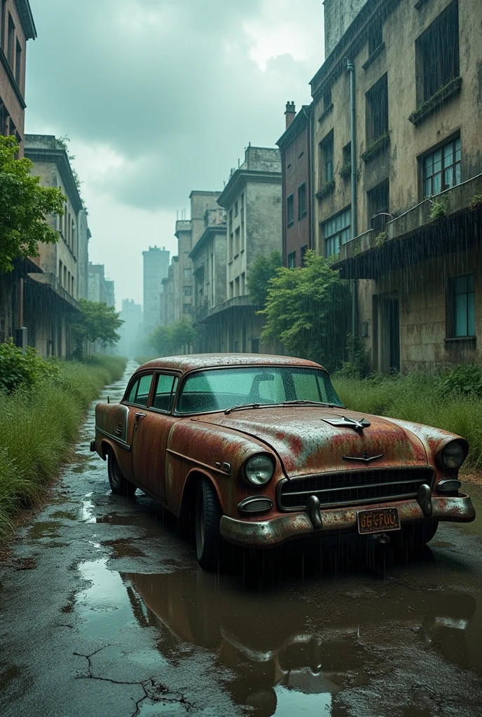photo of a rusty old car with side angle in heavy rain, post-apocalyptic city street scene, tree grow everywhere, dilapidated buildings, cracked pavement, overgrown tall grass, cloudy dramatic sky, greeny, water reflection the car, reflection photography, cinematic lighting, cinematic composition, highly detailed, photorealistic