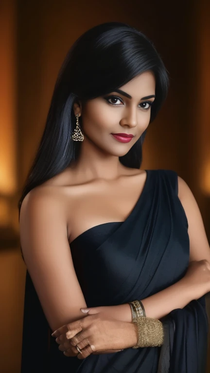 A captivating photo-realistic depiction of a  and mature Indian woman, radiating allure as she cuddles her partner in the dimly lit ambiance of an ancient palace at night. Her sultry curves are accentuated by the clingy black saree that hugs her body, revealing a tantalizing glimpse of her cleavage and navel. Her eyes, sparkling with desire and sensuality, gaze intently into the night, as the rich textures of her flawless features gleam in the darkness. With her perfect face,  pout, and luscious locks cascading down her shoulders, she embodies the essence of desire and passion, inviting
