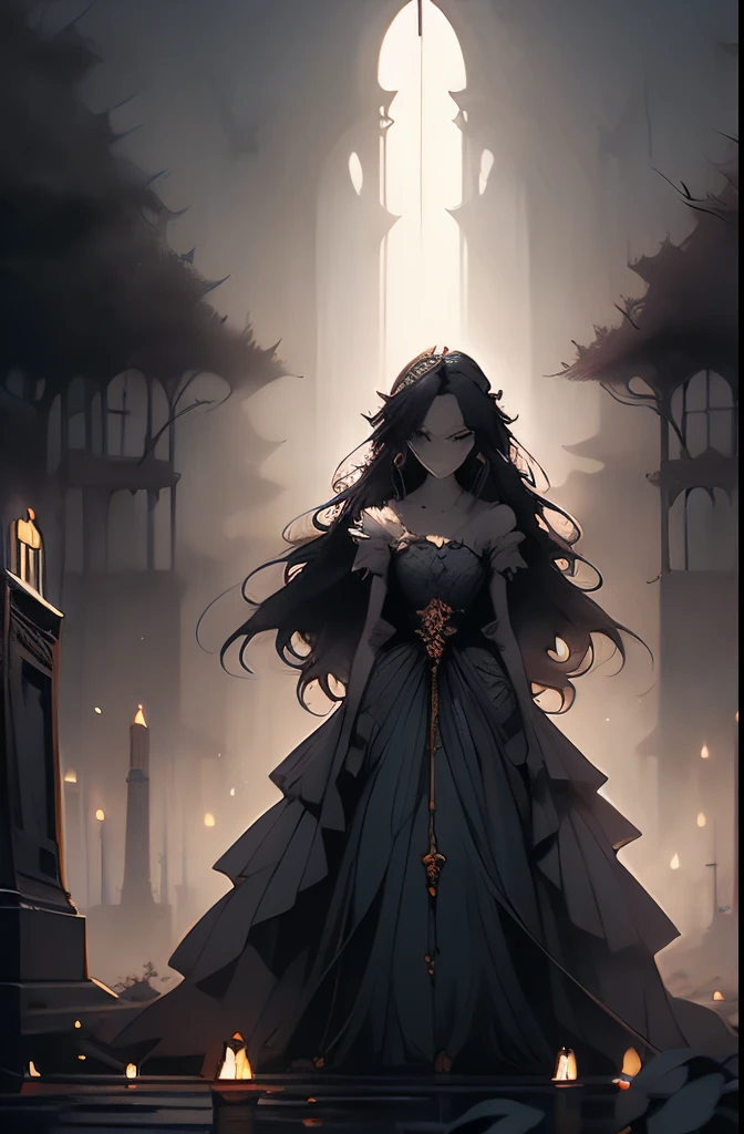 a picture taken from a cemetery at night with a ghost walking in the cemetery, a matte painting inspired by Gustave Dore, cgsociety contest winner, gothic art, hauntingly beautiful art, la llorona, corpse bride art style, gothic wraith maiden, luthien, style of esao andrews, beautiful depiction, michael whelan and gustave dore