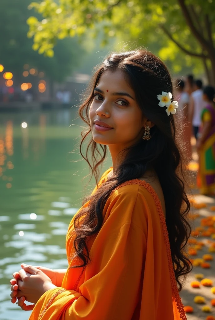 Scene 1: Introduction and SettingLocation: A serene and sacred village in India.Description: A village surrounded by lush green trees and situated by a clean river, creating a peaceful and devotional atmosphere.Character: Priya - a beautiful, devoted young woman.Event: Introduction of Priya, her spiritual life, and her devotion.