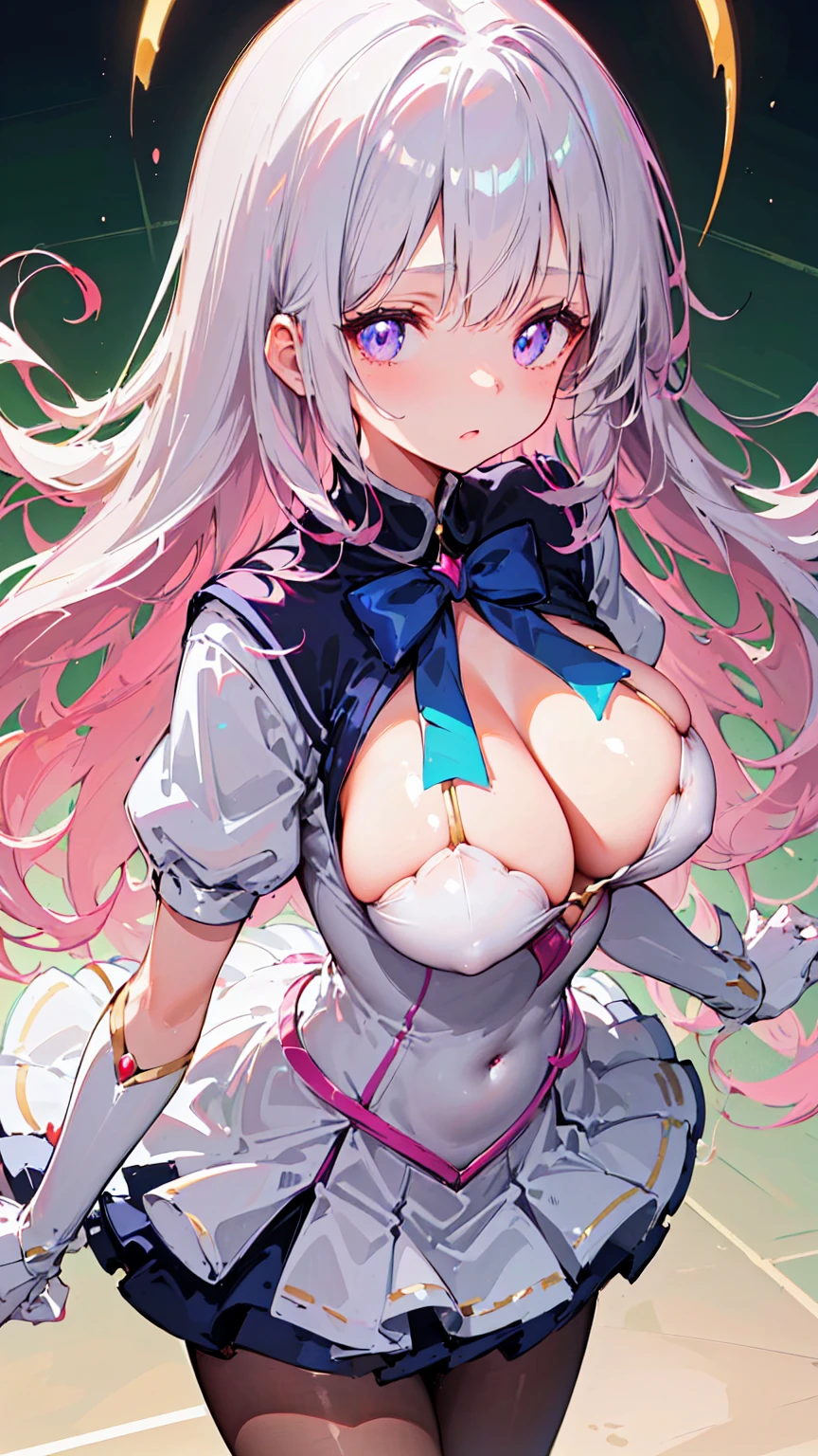 Ultra-high resolution, 8k,high quality,(((low length,、Young Girl、Magical girl))),(Retrospective angle,Cunning Hand),(、glowing、iridescent light,soft shadow,Anime Painting,thin line drawing),One Little Woman,(((Big Breasts、Super big breasts、Symmetrical breasts))),