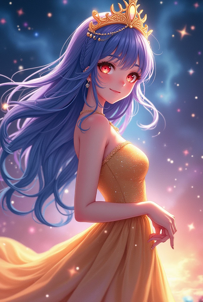 Draw an anime girl,Auntie's figure,My hair is galaxy colored,Wear a golden dress,I have a galaxy colored crown,red eyes
