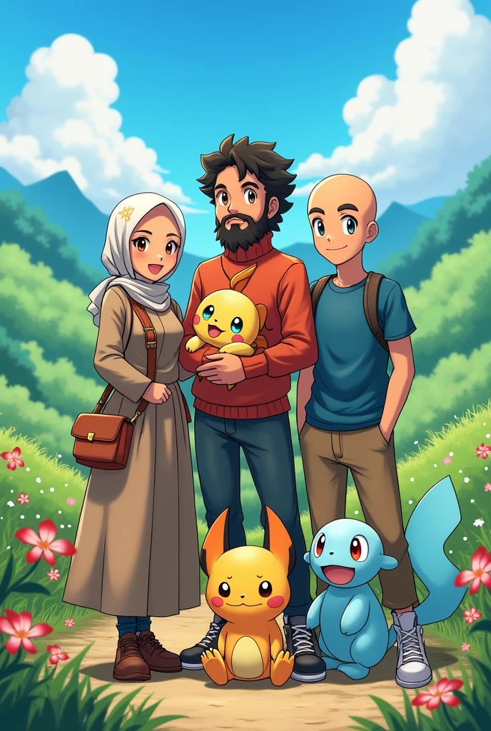3 adults, I am a Pokemon trainer with a hijab, fair skin, brown eyes, curvy body with long clothes
Then my brother, a Pokemon Trainer, with medium-length curly hair with a fade, full beard, sturdy, leicht gebräunt und brown eyes.
Then my husband, a Pokemon Trainer, with a bald head, slightly red full beard, sturdy, white skin and green-blue eyes.
The three of us have the starter Pokémon from Kanto, Glumanda, schiggi und bisasam