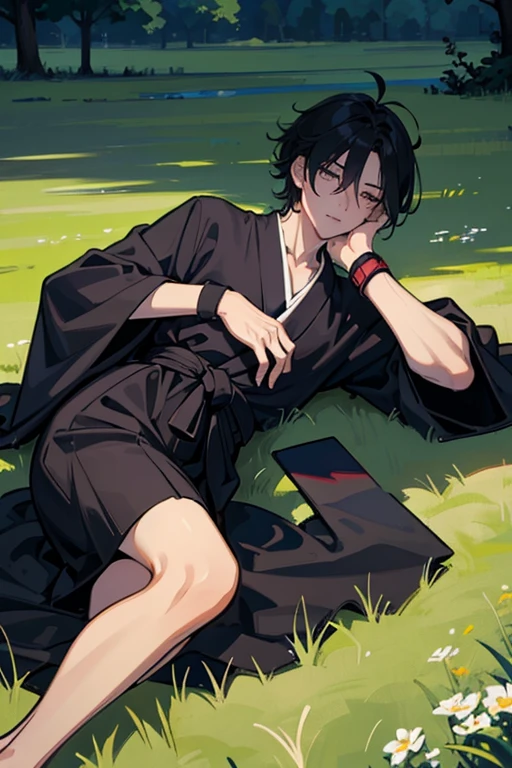 high quality, FHD, grassland, boy, intelligent, expressionless, lying down, lying on back, crossed legs, outside, in the grassland, blue sky and shining lights, with a grassland, in the afternoon, calm atmosphere, anime, 2d anime, full body shot, front view, dutch angle shot, midday, warm lighting, depth of field, cool, wearing black hakama, wristband, half open eyes, messy hair, covering one eye, hair over one eye, flat chest, large pec