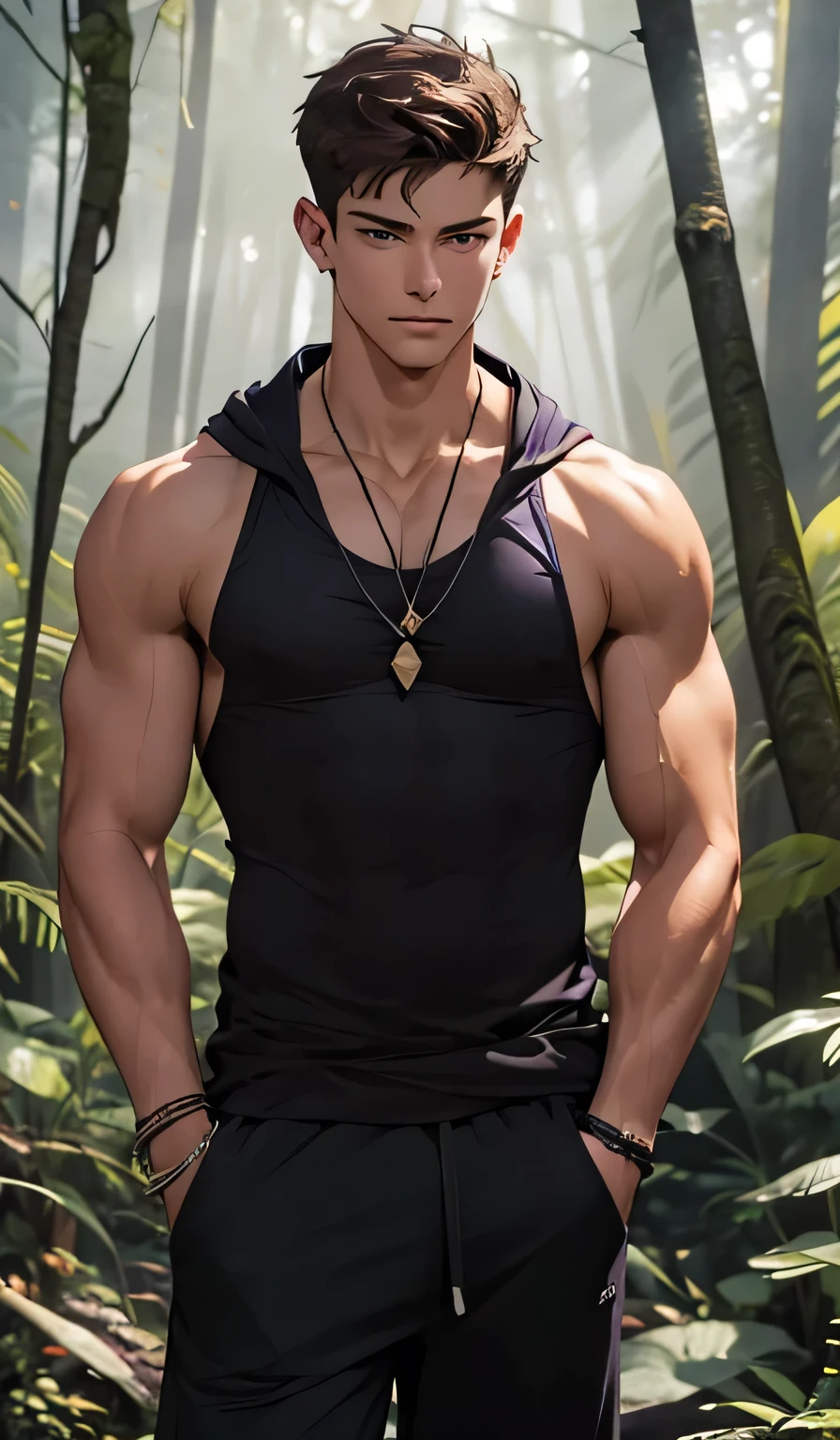 young man, defined body. Handsome, brown hair, clear purple eyes, masculine, hairless muscles, black hooded tank top, Tibetan bracelet, lapiz lazuli stone pendant, hands in pockets, looking up, background dark, forest, ruined temple, Little light, purple light, Ultra definition, HD, full color,