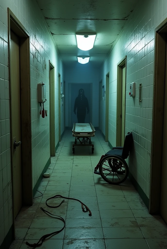 A narrow, dimly lit corridor in an abandoned hospital, with dirty, cracked white tiles covering the walls. Fluorescent lights flicker intermittently, casting long, distorted shadows along the floor. At the end of the corridor, there is a rusty stretcher with loose leather straps, that seem to have been abandoned in a hurry. Dark stains of dried blood mark the floor, forming an uneven path that disappears into the darkness. The doors to the rooms along the corridor are ajar, revealing only fragments of disturbing scenes: rusty surgical instruments, rumpled hospital beds and something moving quickly in the shadows. In the middle of the corridor, an old wheelchair, With a crooked wheel, is facing a wall, as if someone were sitting there, staring blankly at nothing. In the mirror at the end of the corridor, there is a shadowy reflection that shouldn't be there, a tall, hooded figure, with no face, watching silently. The air is heavy with the smell of mildew and despair, and the feeling that something terrible is lurking, waiting for whoever dares to approach.