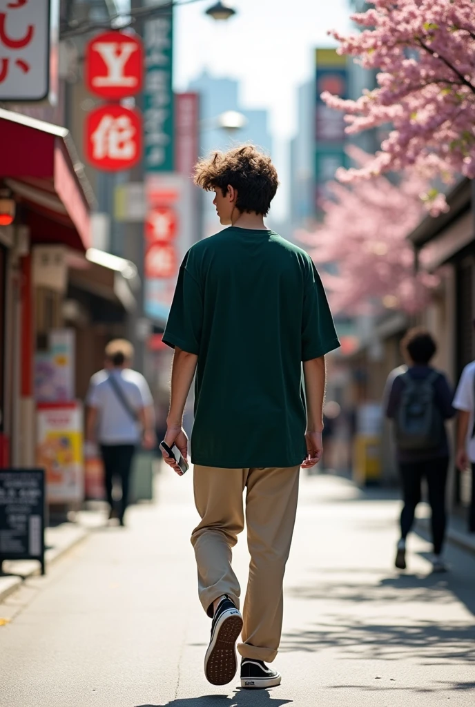 Guy with brown curls walking with his back to the camera wearing a dark green oversized shirt. Beige pants. A street in Japan in the background. at daytime. And it says Yona. And with a phone in hand. Black Vans shoes with white stripes