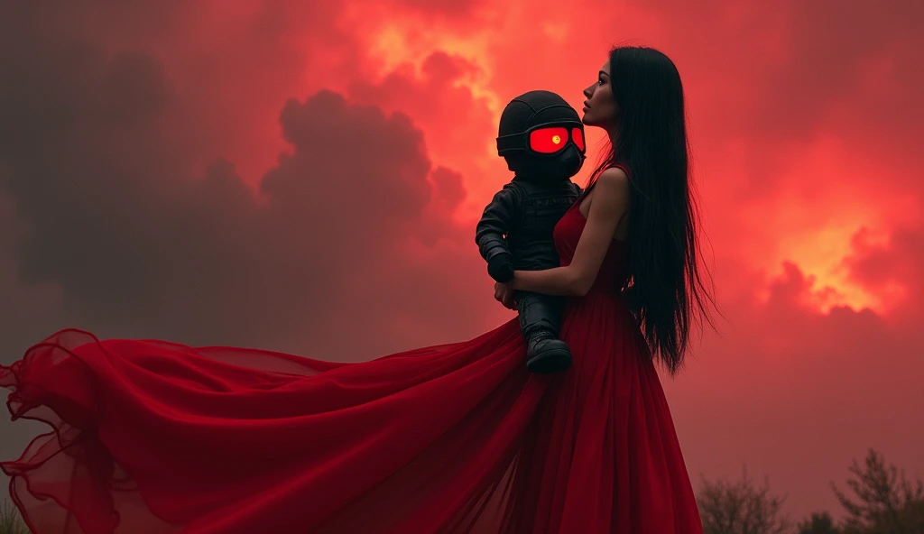 woman in red dress and with tall black hair is holding plushie F.E.A.R. operative wearing tactical black balaclava and red googles. Her eyes glow red and she is looking at red chaotic sky