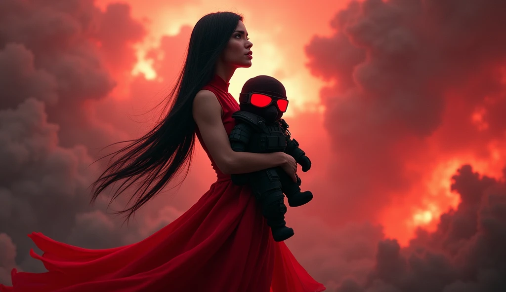 woman in red dress and with tall black hair is holding plushie F.E.A.R. operative wearing tactical black balaclava and red googles. Her eyes glow red and she is looking at red chaotic sky