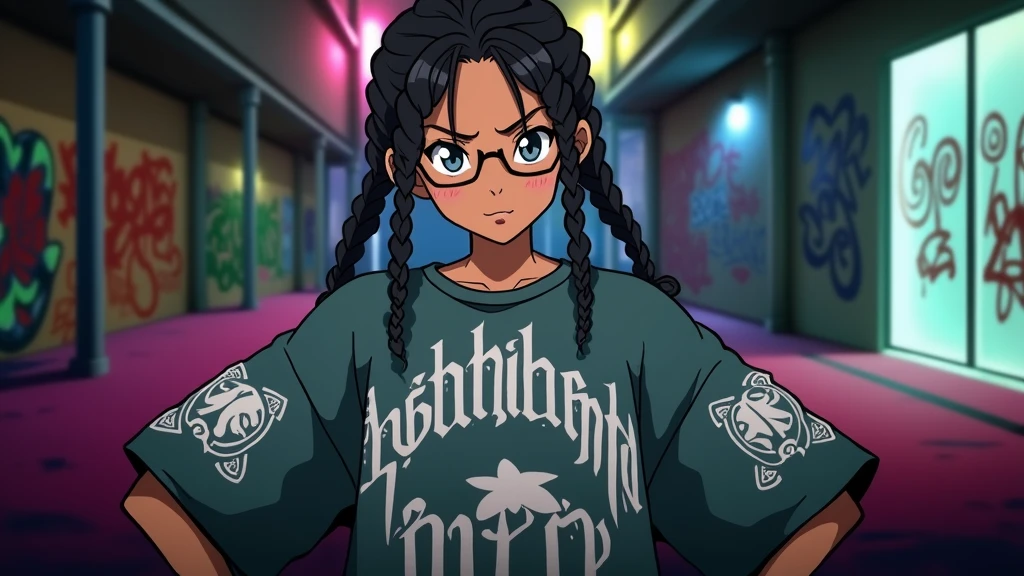 black anime character in braids with baggy loose shirt with the gang signs 