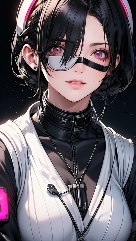 A beautiful girl wearing a cyberpunk nurse outfit()She is blindfolded and has short black hair