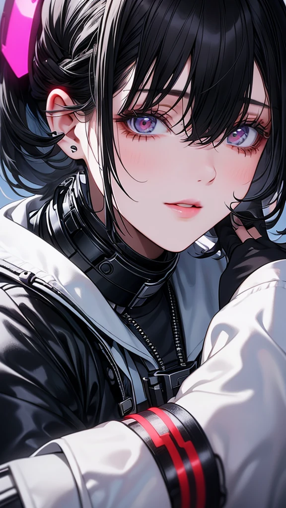 A beautiful girl wearing a cyberpunk nurse outfit()She is blindfolded and has short black hair