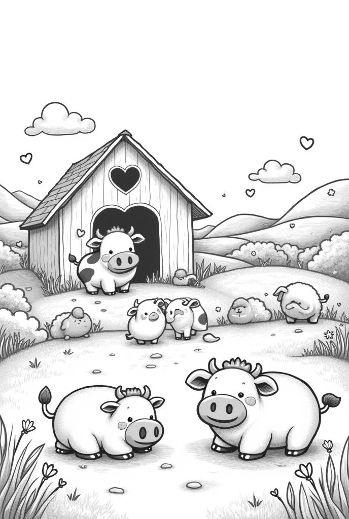 black and white drawing of farm animals in kawai style