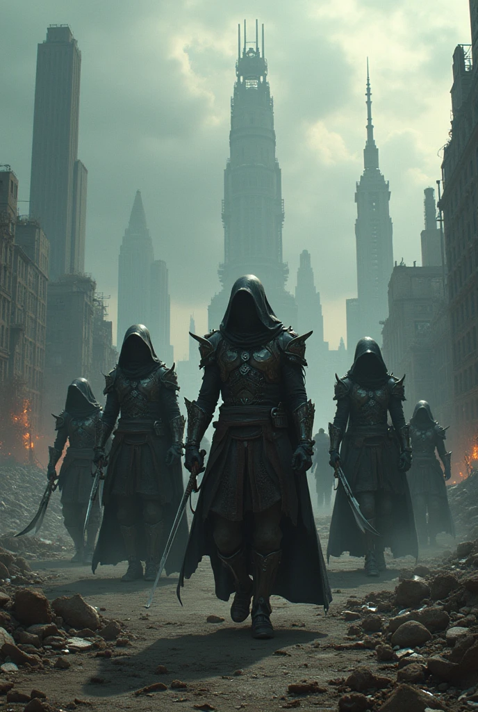 Unit of 6 imperial assassins, a group with several murderers, . Instill fear, Everyone has a weapon in their hands. (daggers, swords, double-handed sword, war hammer, axe, Lanza, bows and arrows), Their armor is light, decorated and fitted, all the armor is different, in some you can see a little bit of skin, (black), Each one is in a different position, They all have hoods and cloaks, torn clothes, torn by battles, They all have different masks, Simple masks that instill fear, everyone has a different style of light armor.
Create dystopian masterpieces,Depicts the destroyed futuristic cityscape in a bold conceptual gaming art style.. The artwork should evoke a sense of futuristic desolation and despair., post apocalyptic world. Pay attention to the intricacies of the details., sharp focus, and a very detailed description of the ruined city.. Get inspired by the artistic styles of Wayne Barlow and Zdislav Beksiński.. Deliver this image in movie display format, It shows the dark beauty of this decaying world, shot from above