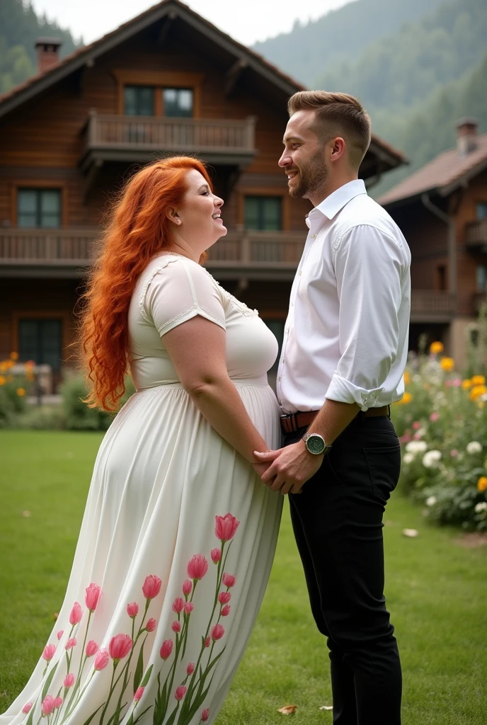 A plump woman with wide hips and small breasts, she is beautiful. Her hair is long and red, her cheeks are full of freckles and red.. Dressed in a flowing white dress with a design of pink tulips.
A handsome man of 38 years old with short, dark blonde hair, Striking green eyes, his sculpted jaw and stubble he is handsome with black dress pants and a white button-down shirt.
They are facing each other and in the background there is a large and beautiful chalet.