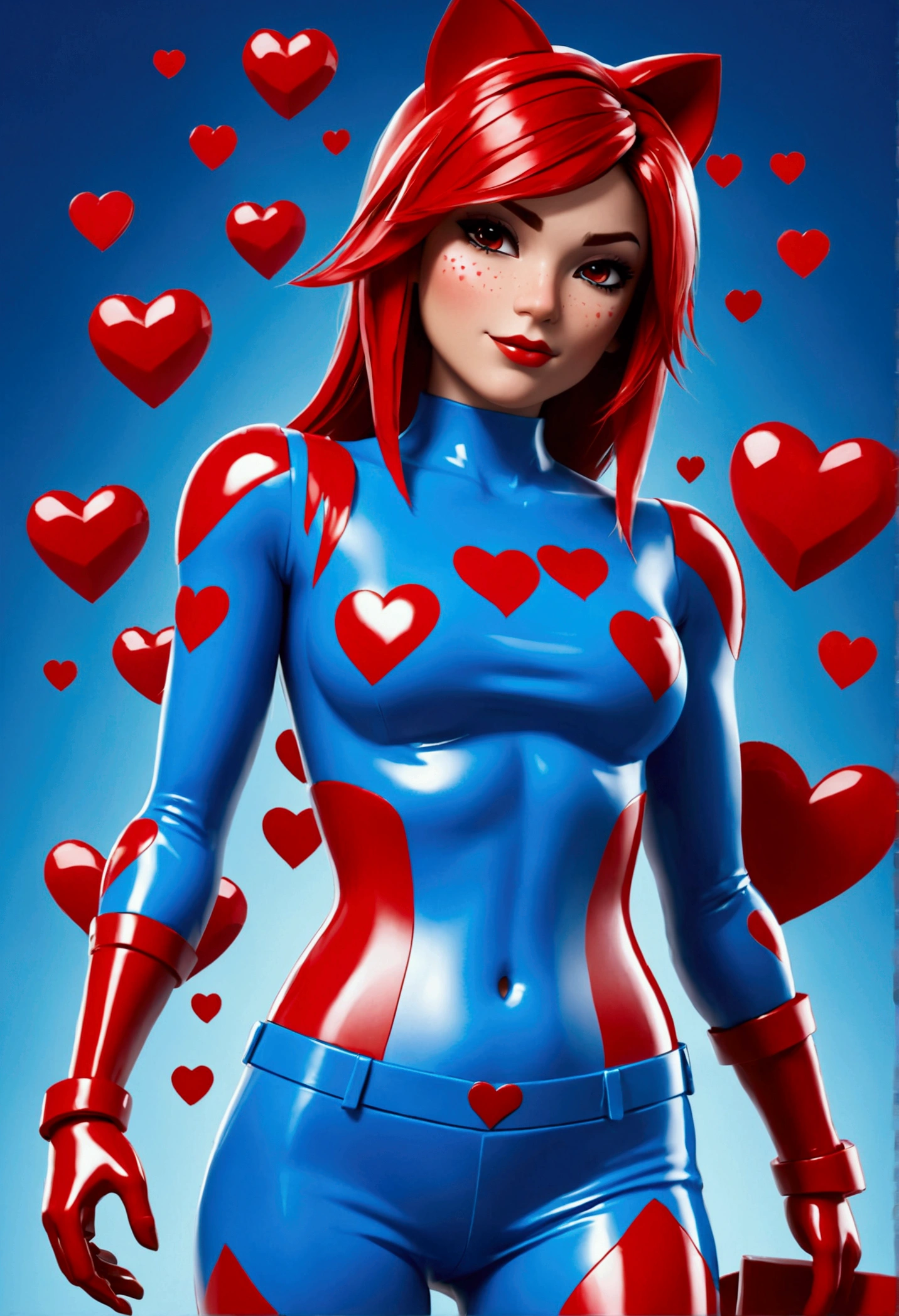 Female Roblox skin gfx, detailed representation, sharp edges, vector image, background blue and red with hearts, glossy presentation