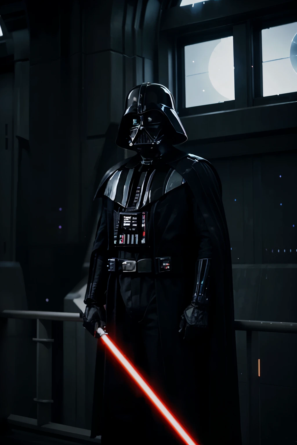 Darth Vader standing on the bridge of the death star. he holds an orb in both hands at waist height. A window behind him displays stars and blackness.