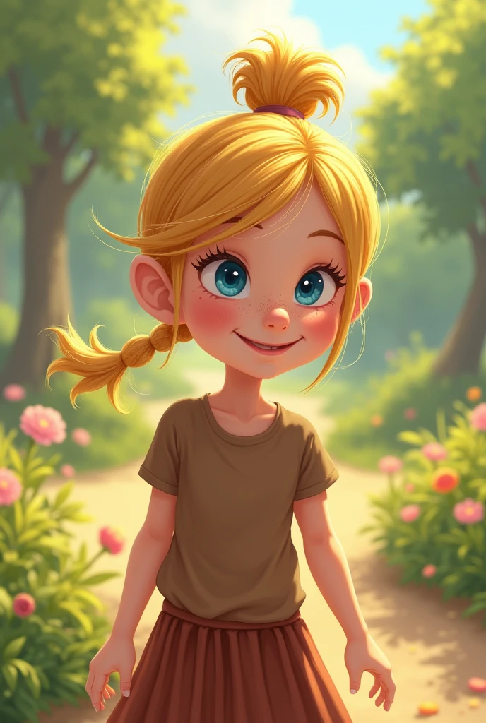 Show me a girl with blonde hair that is in a ponytail.Blue eyes,short in a brown top and a brown skirt