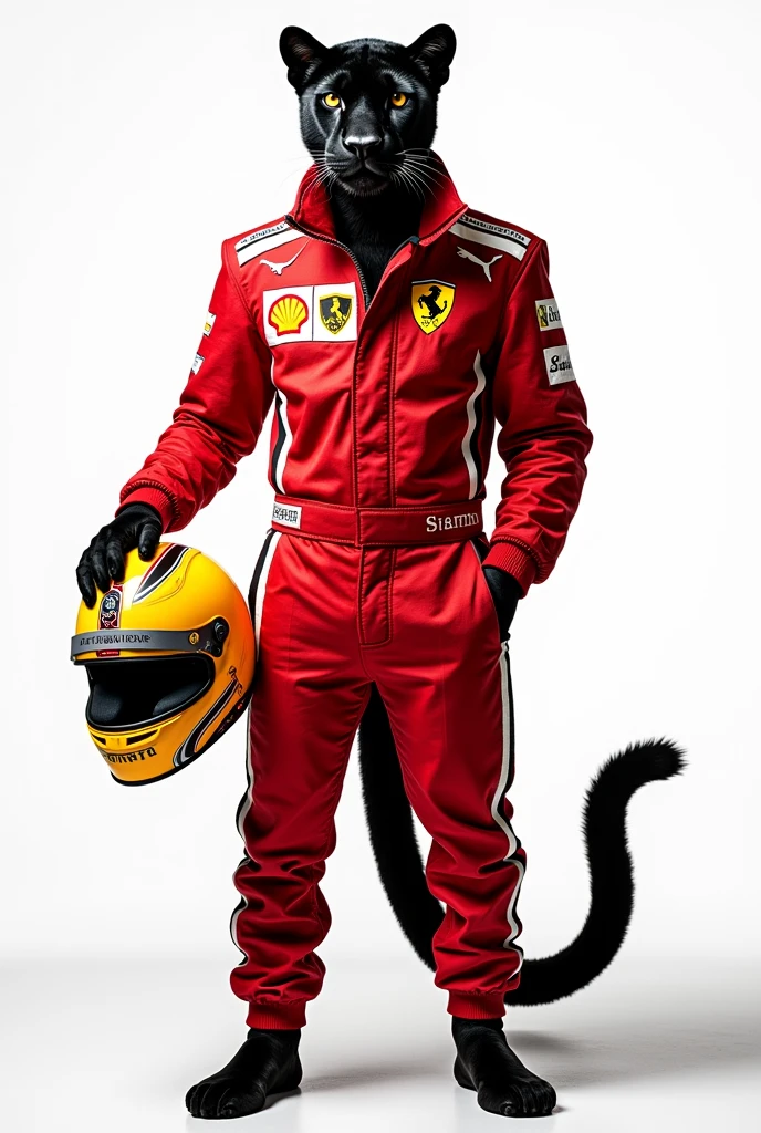 The Ralph Lauren Polo Bear, but as a panther dressed as a Formula 1 driver with a white background and Ferrari livery