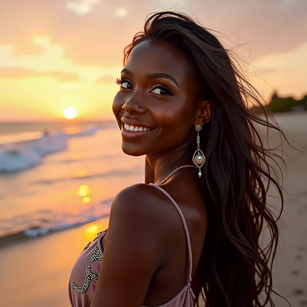 a young black woman with long hair and dark skin, completely naked, looking out to the horizon, backlit at sunset on a beach, beautiful detailed eyes, beautiful detailed lips, extremely detailed face, long eyelashes, looking directly at the viewer, smiling, blushing, blue eyes, very long hair, earrings, (best quality,4k,8k,highres,masterpiece:1.2),ultra-detailed,(realistic,photorealistic,photo-realistic:1.37),HDR,UHD,studio lighting,ultra-fine painting,sharp focus,physically-based rendering,extreme detail description,professional,vivid colors,bokeh,photography,concept artists,warm colors,backlit,parallel shadows macro