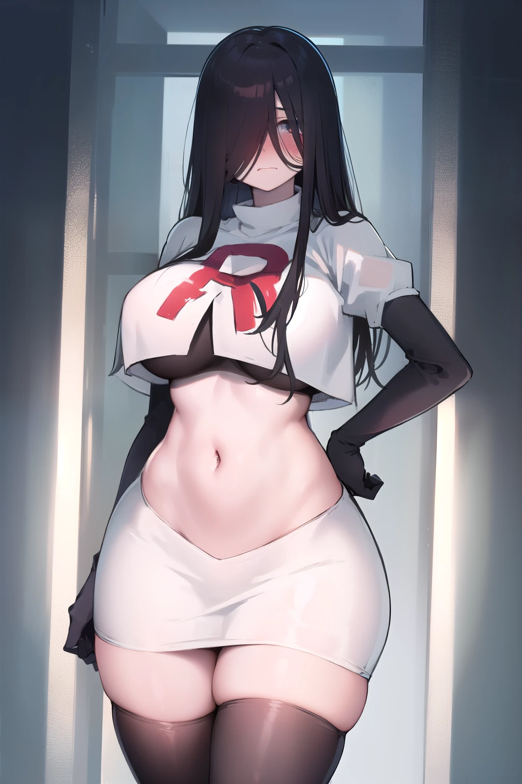 masterpiece, detailed, high quality, absurdres, sadako, (hair over eyes), pale skin, blush, large breasts, curvy, navel, stomach, groin, team rocket,team rocket uniform,white skirt,red letter R,crop top,black thigh-highs,black elbow gloves, cowboy shot,