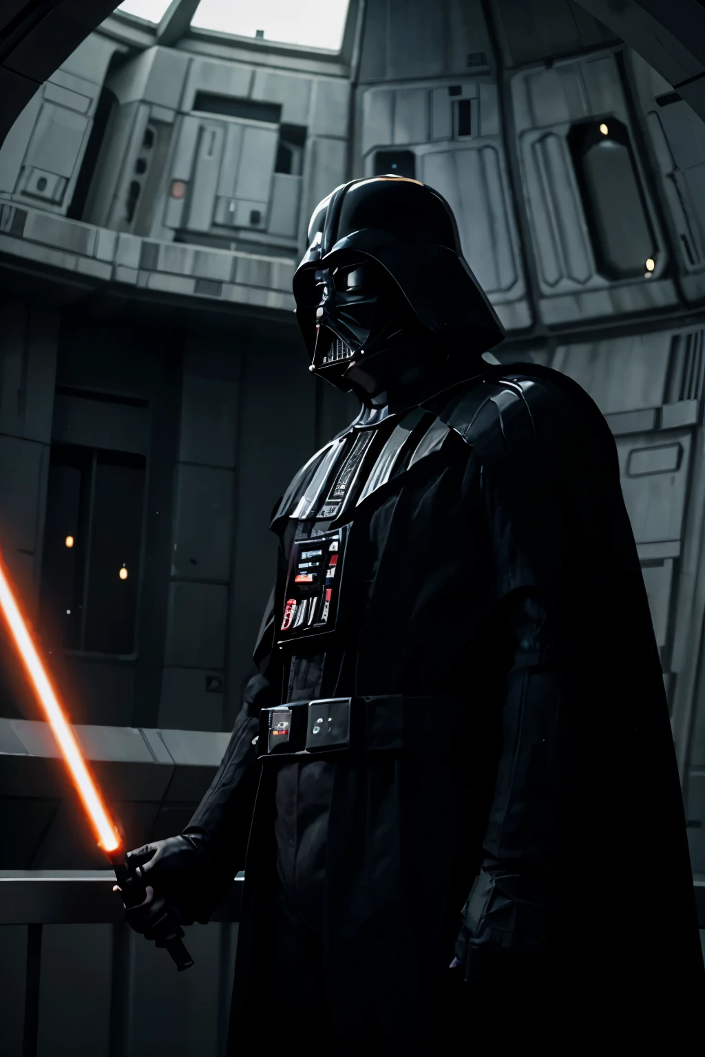 Darth Vader standing on the bridge of the death star. he holds an orb in both hands at waist height. A window behind him displays stars and blackness.