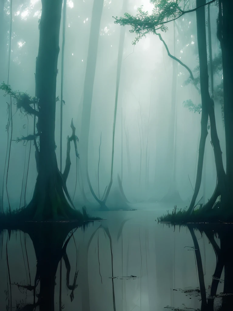 trees in the water are covered with moss and are reflected in the water, foggy swamp, swampy atmosphere, swamps, scene from louisiana swamps, misty swamp, louisiana swamps, artistic swamp with mystic fog, located in a swamp at sunrise, swamp forest, eerie!!! atmosphere, by roger deakins, eerie!, melting and dripping. eerie