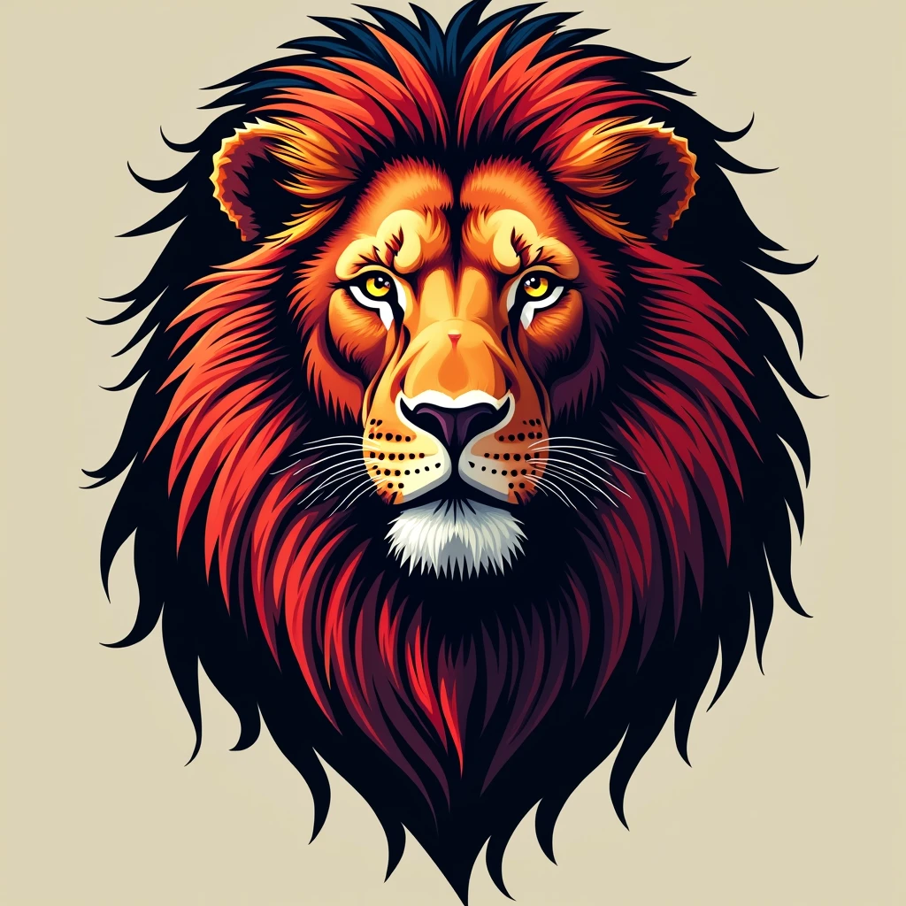 Je veux créer une tête de lion, de couleur rouge et or, avec un arrière-plan en noir et le nom carry ecrie en dessous de nn couleur bleu, cristalline et or 