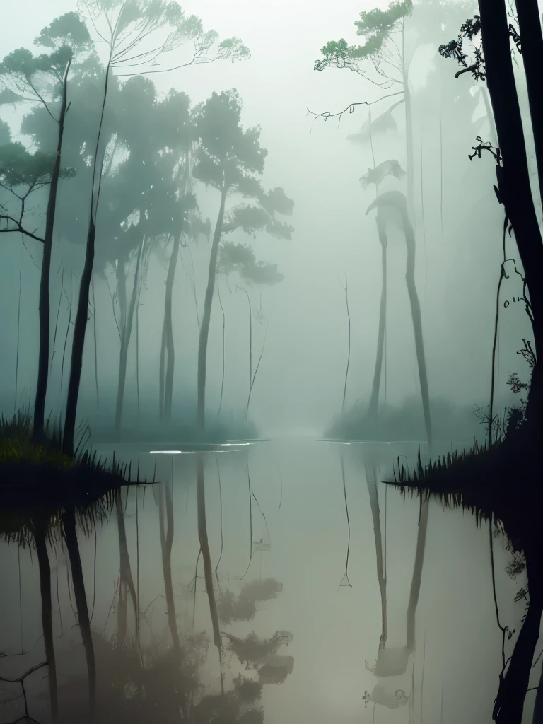 trees in the water are covered with moss and are reflected in the water, foggy swamp, swampy atmosphere, swamps, scene from louisiana swamps, misty swamp, louisiana swamps, artistic swamp with mystic fog, located in a swamp at sunrise, swamp forest, eerie!!! atmosphere, by roger deakins, eerie!, melting and dripping. eerie