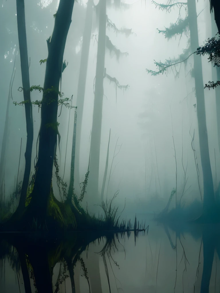 trees in the water are covered with moss and are reflected in the water, foggy swamp, swampy atmosphere, swamps, scene from louisiana swamps, misty swamp, louisiana swamps, artistic swamp with mystic fog, located in a swamp at sunrise, swamp forest, eerie!!! atmosphere, by roger deakins, eerie!, melting and dripping. eerie