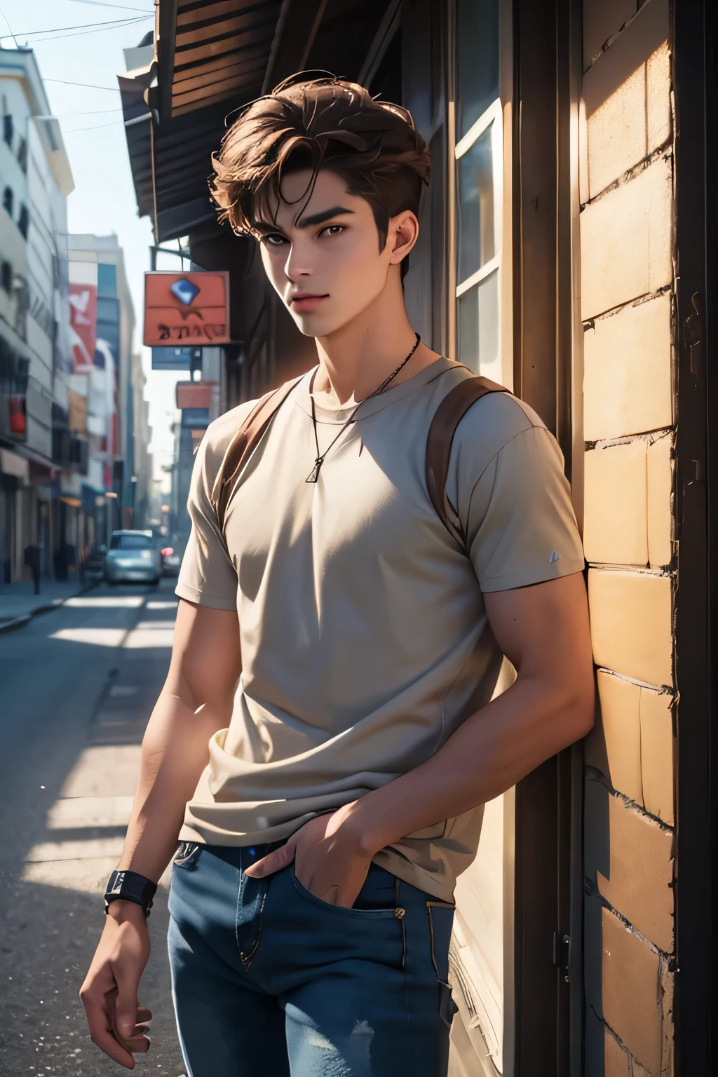 Anime guy, 21 years old, handsome, cuberpunk, neutral expression, with brown hair parted in middle, shoulder lengeth brown hair on right side of face, short brown haor smoothed towards back on the left side of face, yellow eyes, clay grey T-shirt, skinny biker blue jeans, open undone unzipped jeans, standing in abandoned city street