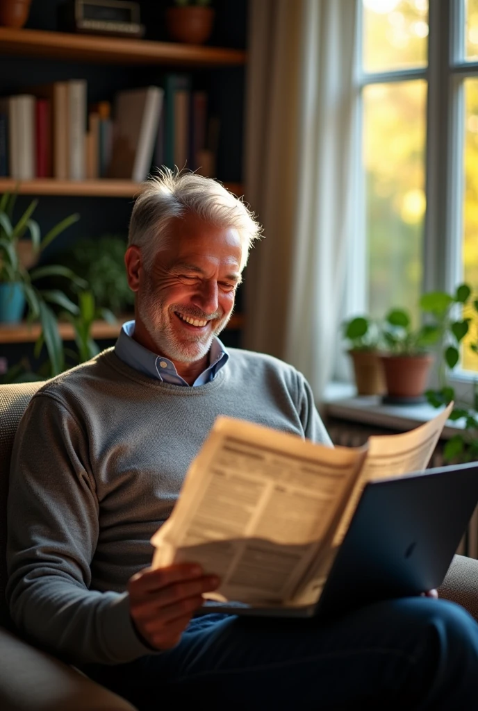 A Man siting with his computer and holding a newspaper nodding with satisfaction 