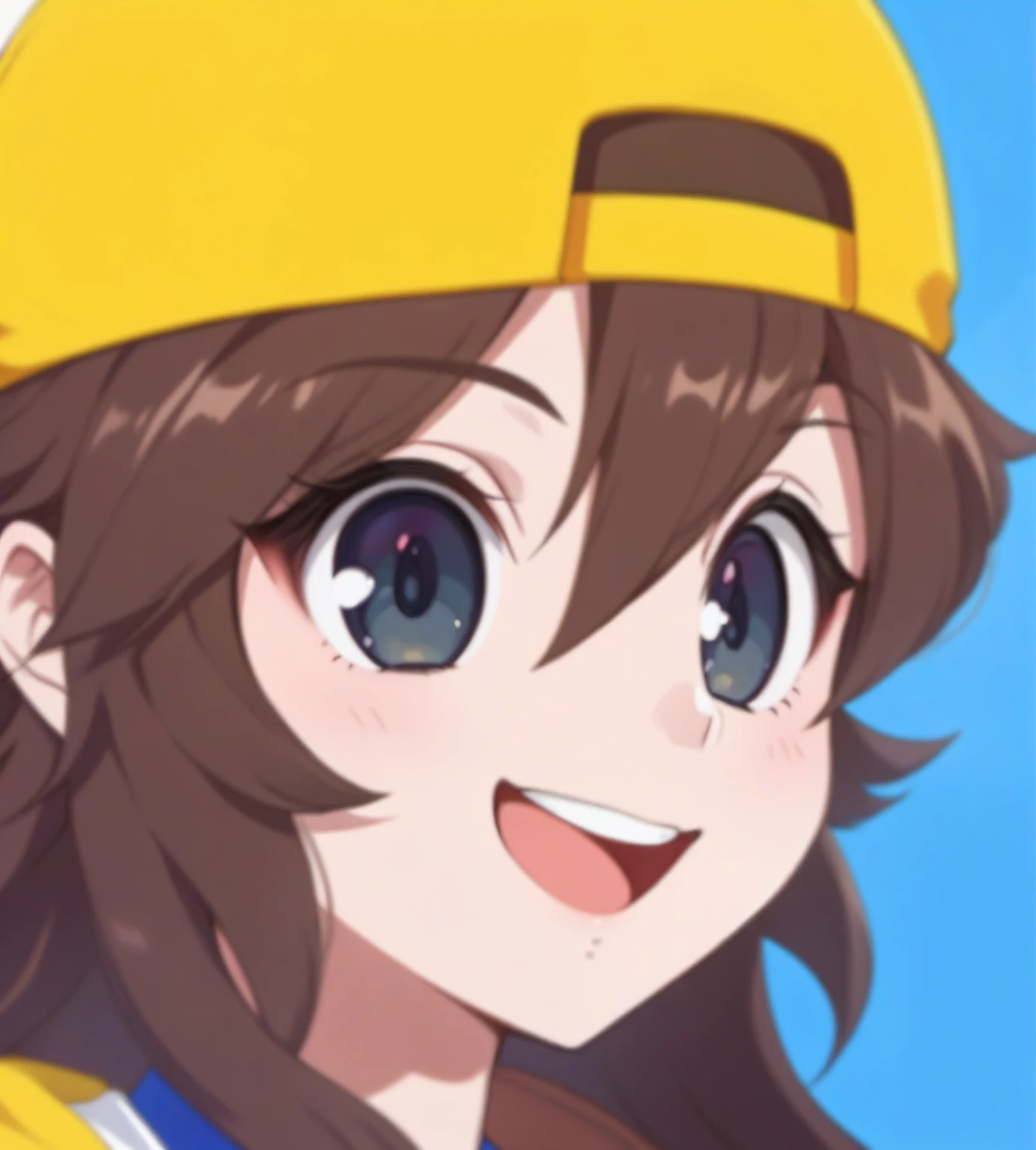 Anime girl wearing a blue shirt with a yellow hat, female protagonist 👀 :8, Animation Moe Artstyle, High-quality animation artstyle, anime character, female anime character, female protagonist, Anime girl named Lucy, anime style character, Senna from League of Legends, sakimichan, Anime girl of the future, very cute anime girl face, rei hiroe, euro
