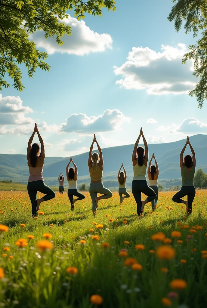 A group of people performing yoga on beautiful field