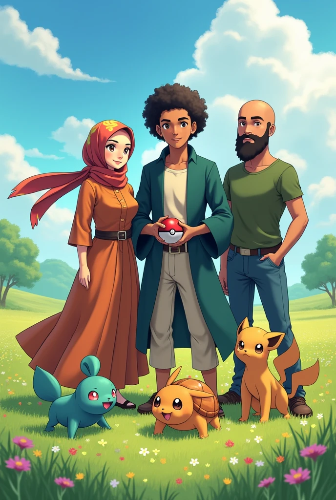 3 adults, I am a Pokemon trainer with a hijab, fair skin, brown eyes, curvy body with long clothes
Then my brother, a Pokemon Trainer, with medium-length curly hair with a fade, full beard, sturdy, leicht gebräunt und brown eyes.
Then my husband, a Pokemon Trainer, with a bald head, slightly red full beard, sturdy, white skin and green-blue eyes.
The three of us have the starter Pokémon from Kanto, Glumanda, schiggi und bisasam