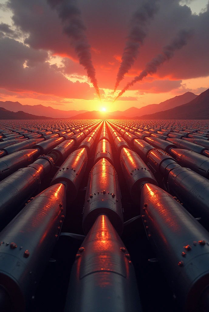 Millions of missles covering the sunset sky aiming on the ground