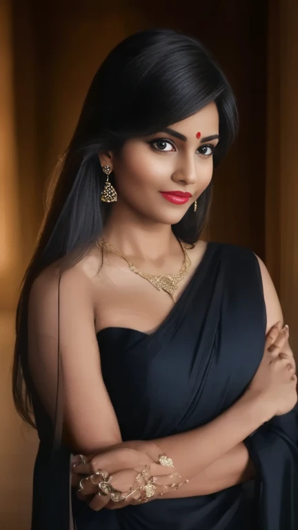 A captivating photo-realistic depiction of a sexy and mature Indian woman, radiating allure as she cuddles her partner in the dimly lit ambiance of an ancient palace at night. Her sultry curves are accentuated by the clingy black saree that hugs her body, revealing a tantalizing glimpse of her cleavage and navel. Her eyes, sparkling with desire and sensuality, gaze intently into the night, as the rich textures of her flawless features gleam in the darkness. With her perfect face, seductive pout, and luscious locks cascading down her shoulders, she embodies the essence of desire and passion, inviting