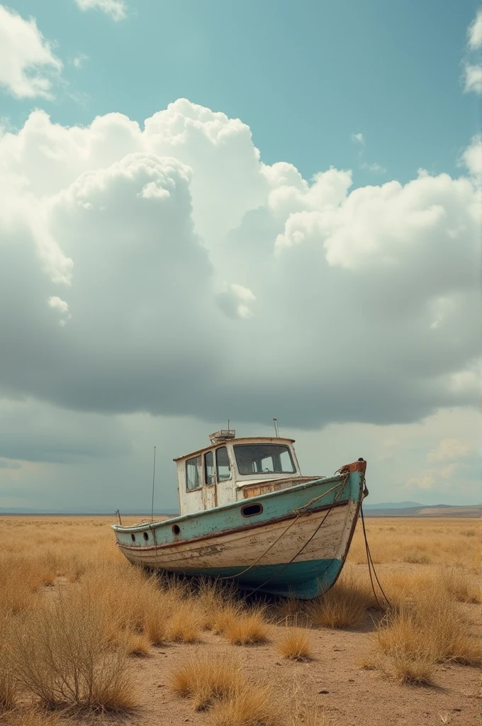 Create an image of a small boat tied to a rope. Dry pasture landscape around the boat and cloudy sky.